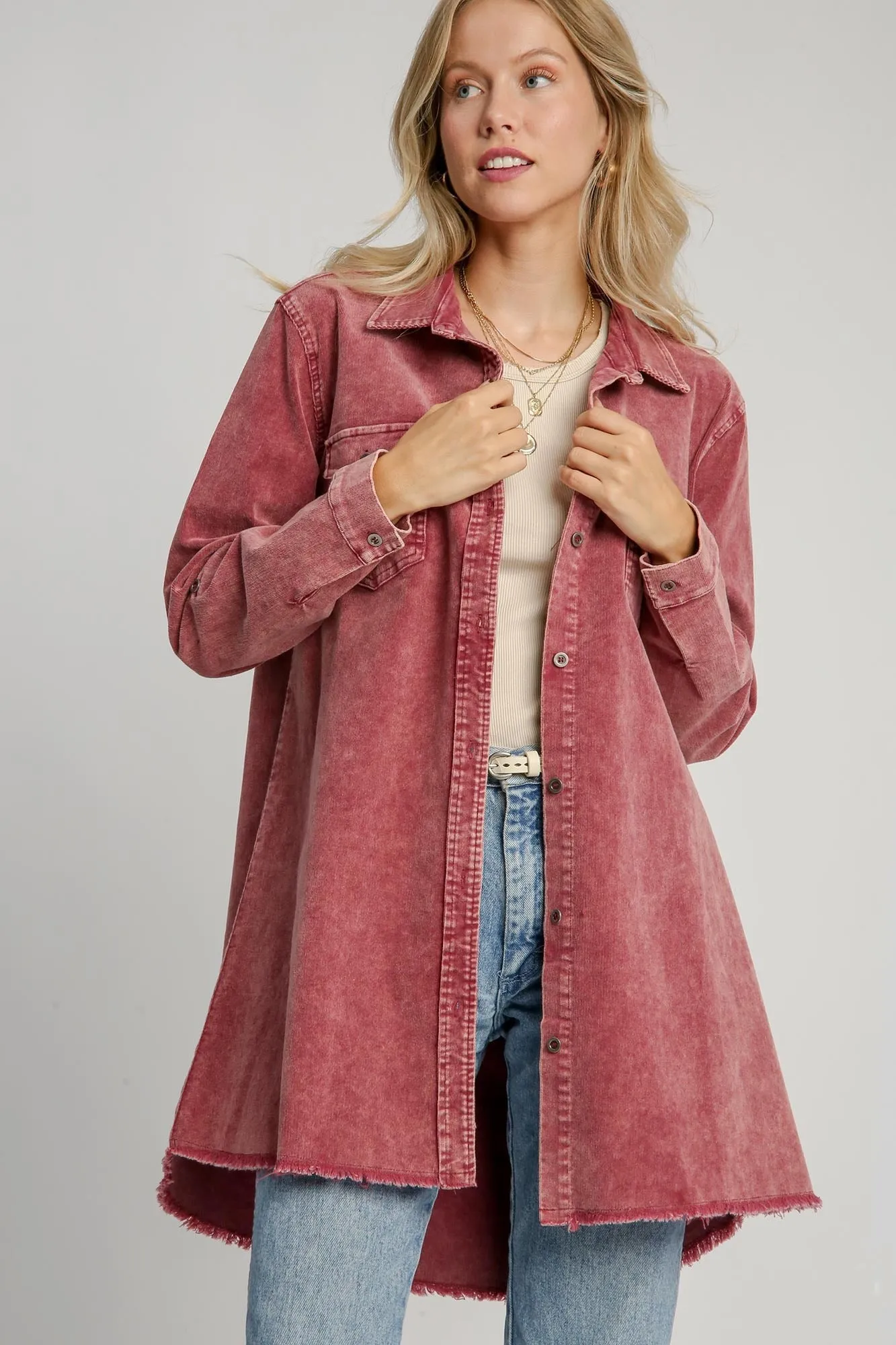 Hazel Blues® |  Umgee Raw Hem Button Down Denim Jacket with Chest Pockets