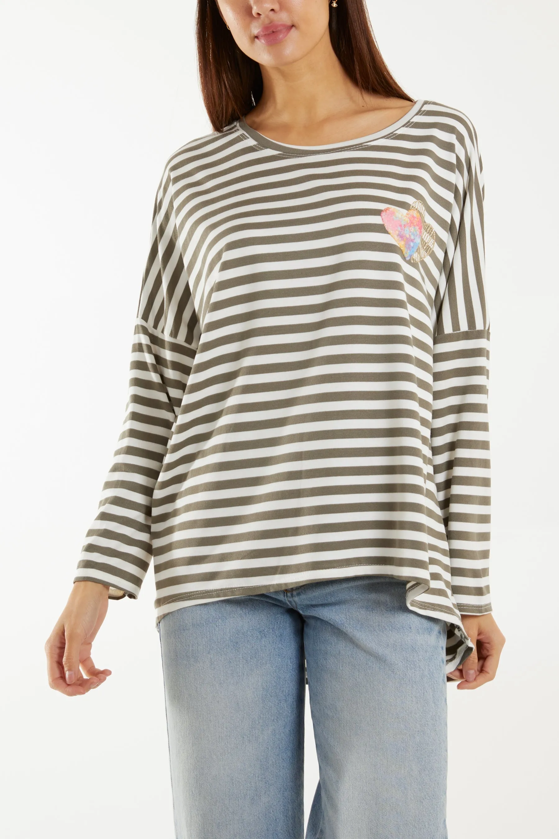Heart Detail Long Sleeve Stripe Top