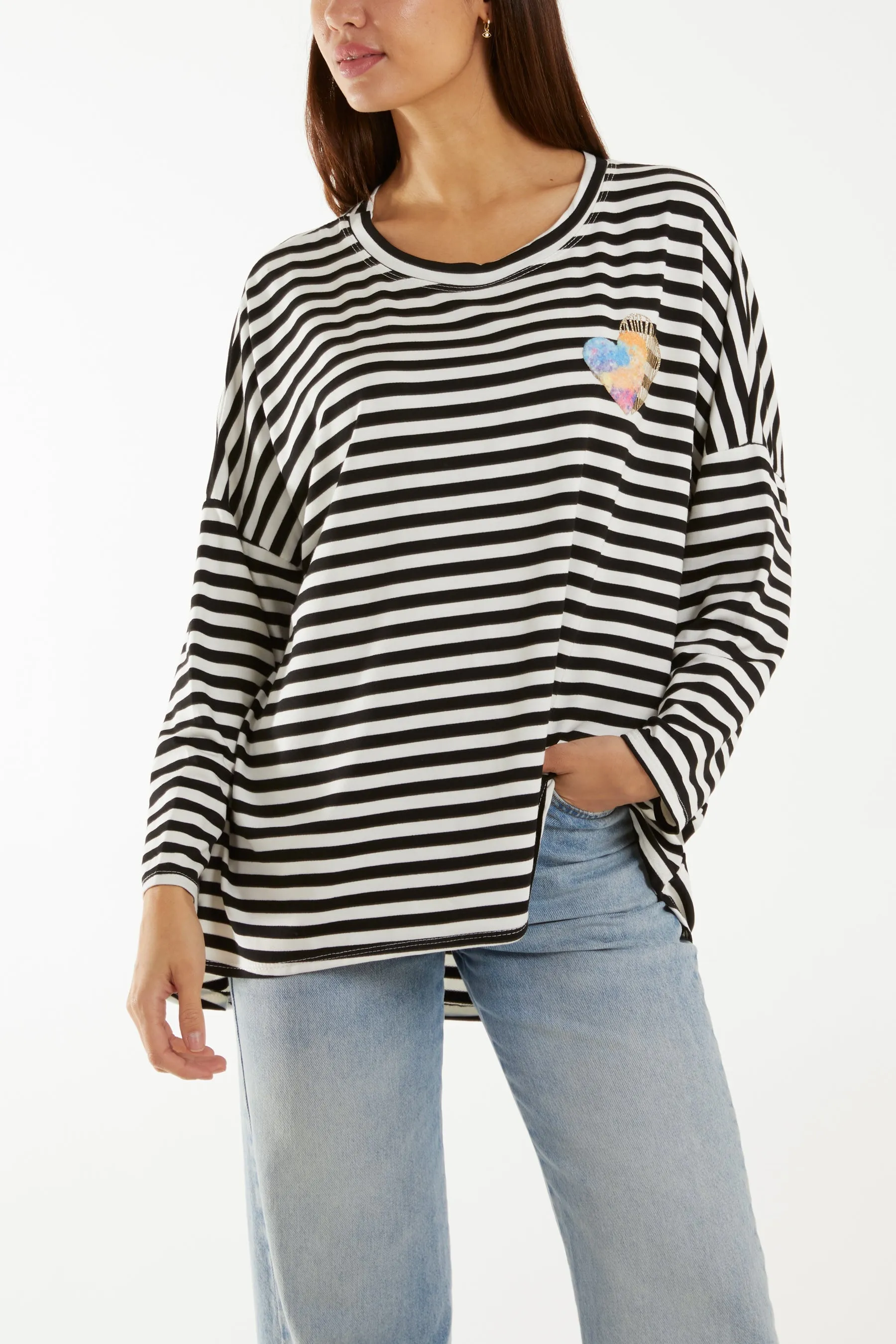 Heart Detail Long Sleeve Stripe Top