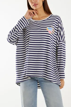 Heart Detail Long Sleeve Stripe Top