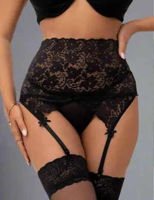 High Waisted Floral Lace Suspender Belt - Cinching