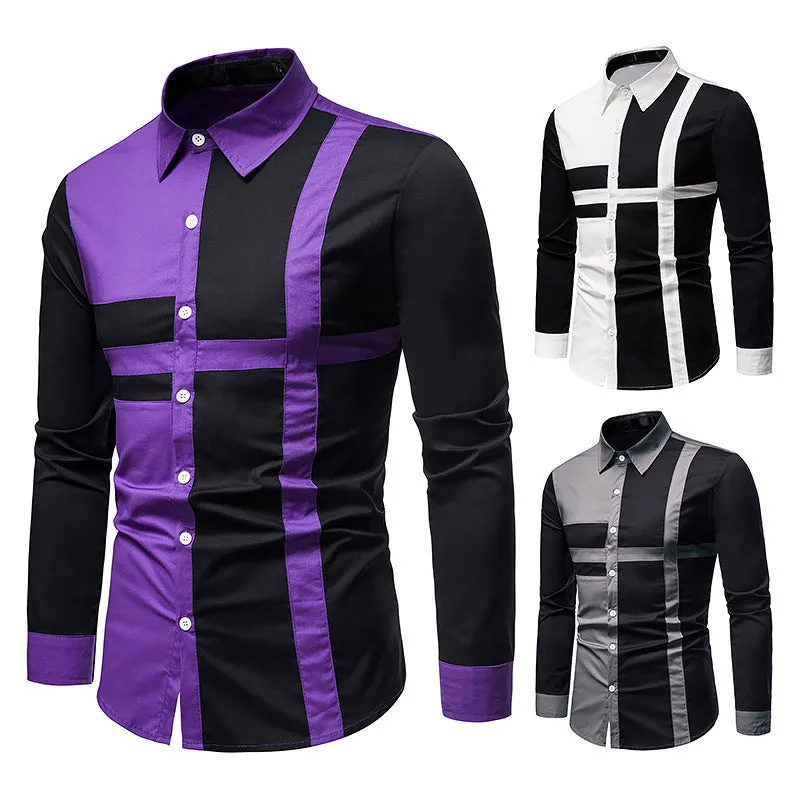 Hollow Men's Stitching Long-sleeved Western Denim Shirt