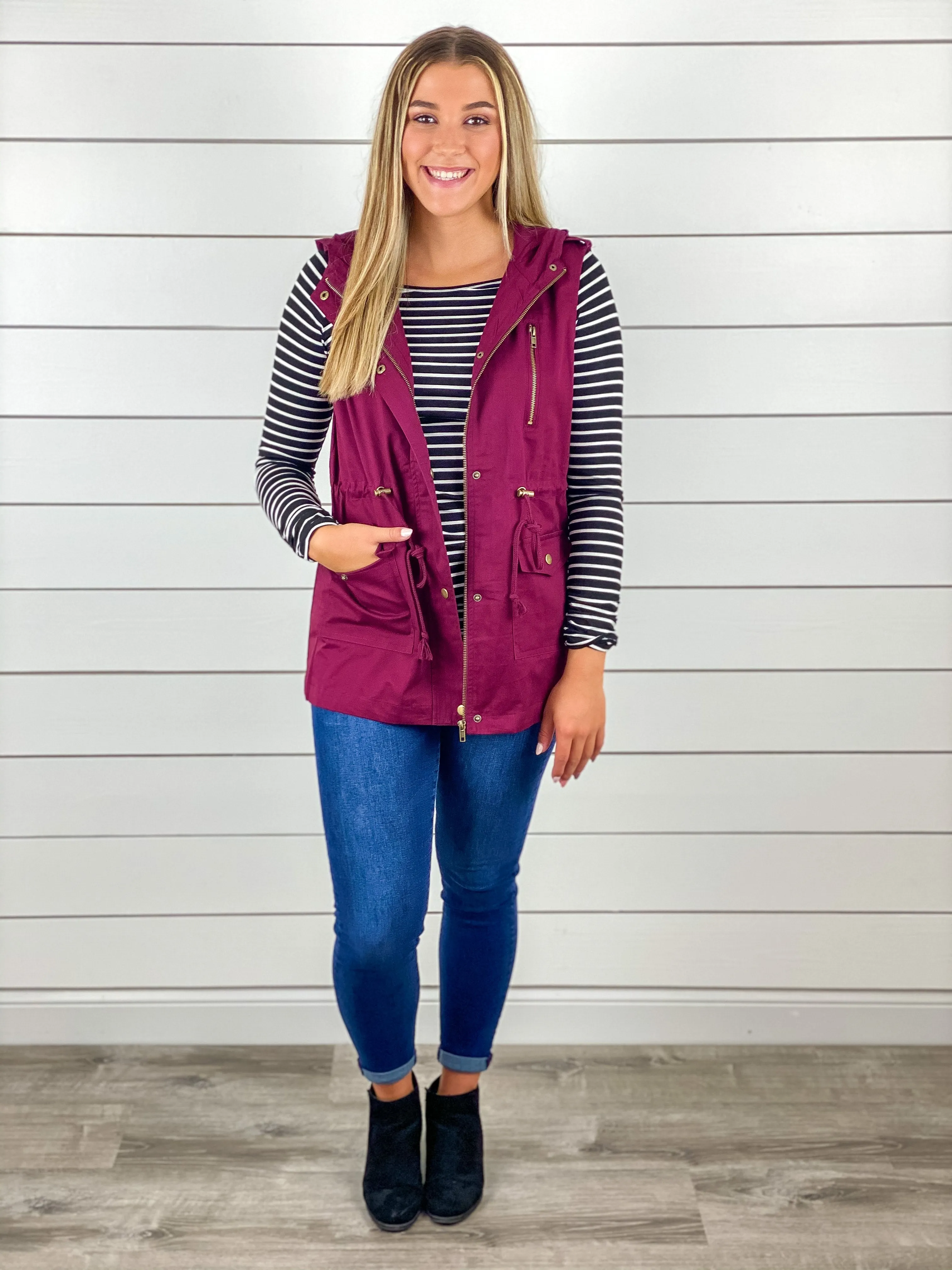 Hooded Utility Vest - Burgundy