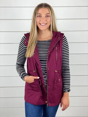 Hooded Utility Vest - Burgundy