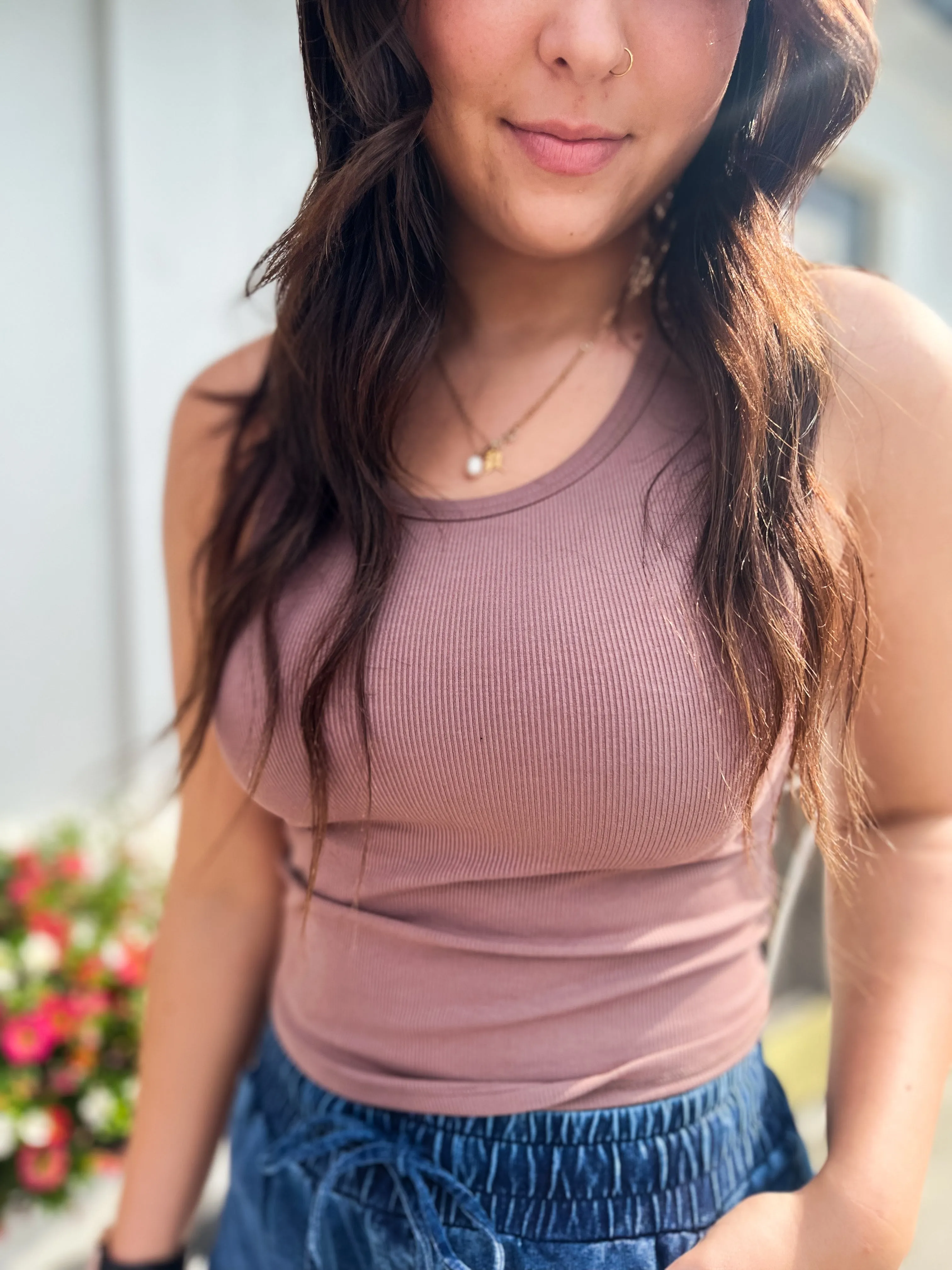 I Gotta Have You Racer Micro Ribbed Tank- Deep Taupe