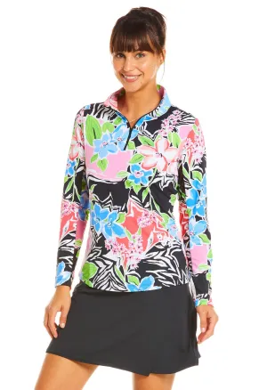 Ibkul Icifil Long Sleeve Sun Shirt: Amelia Black/ Multi Print Zip Mock - SPF 50