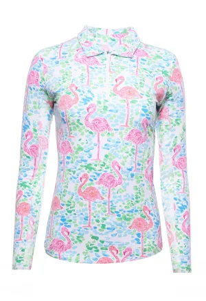 Ibkul Icifil Long Sleeve Sun Shirt: Flamingo Turquoise/Pink Print Zip Mock - SPF 50