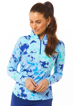 Ibkul Icifil Long Sleeve Sun Shirt: Pascha Navy/ Seafoam  Print Zip Mock - SPF 50