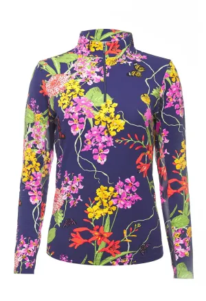 Ibkul Icifil Long Sleeve Sun Shirt: Willow Navy Print Mock - SPF 50