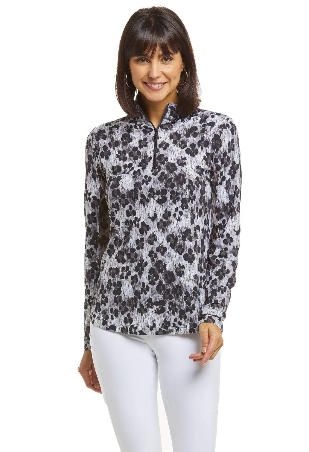 Ibkul Icifil Long Sleeve Sun Shirt:  Zip Mock - Le Leopard  Black/ Grey