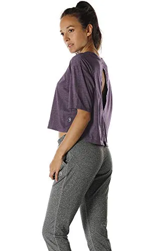 icyzone Open Back Workout Top Shirts - Yoga t-Shirts Activewear Exercise Crop Tops for Women (XL, Plum Purple)
