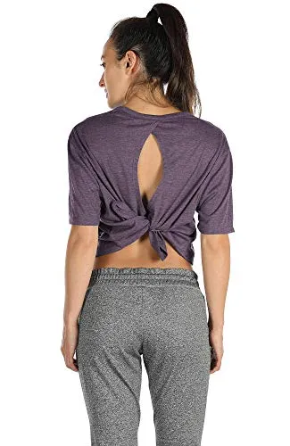 icyzone Open Back Workout Top Shirts - Yoga t-Shirts Activewear Exercise Crop Tops for Women (XL, Plum Purple)