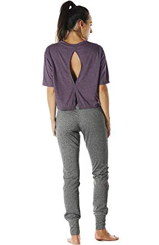 icyzone Open Back Workout Top Shirts - Yoga t-Shirts Activewear Exercise Crop Tops for Women (XL, Plum Purple)