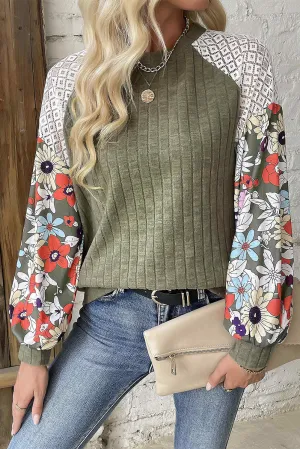 KaleaBoutique Floral Patchwork Long Sleeve Ribbed Blouse