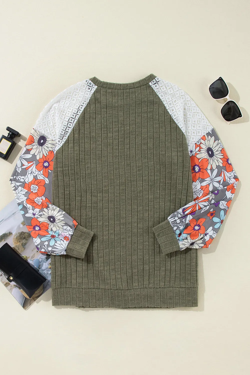 KaleaBoutique Floral Patchwork Long Sleeve Ribbed Blouse