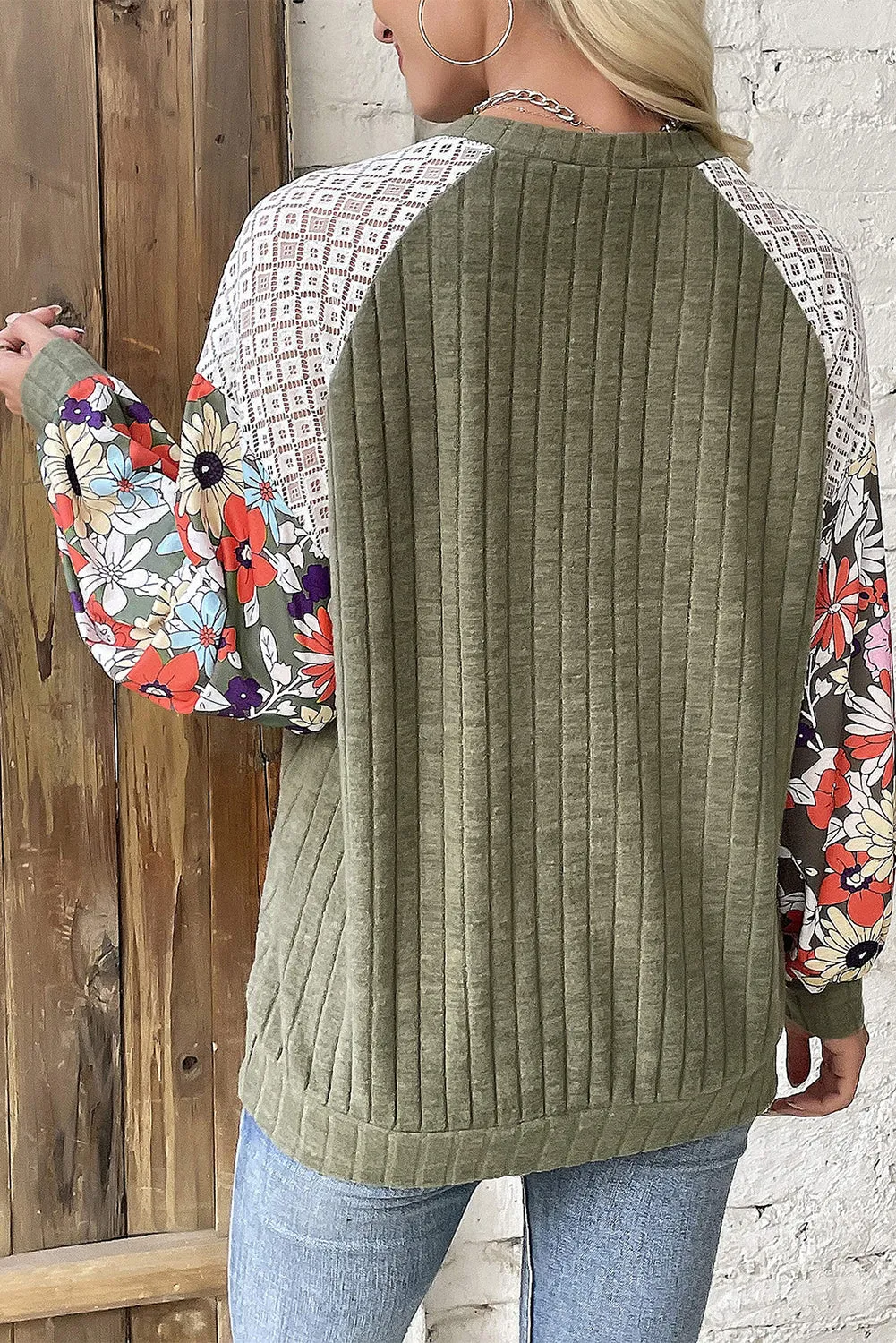 KaleaBoutique Floral Patchwork Long Sleeve Ribbed Blouse