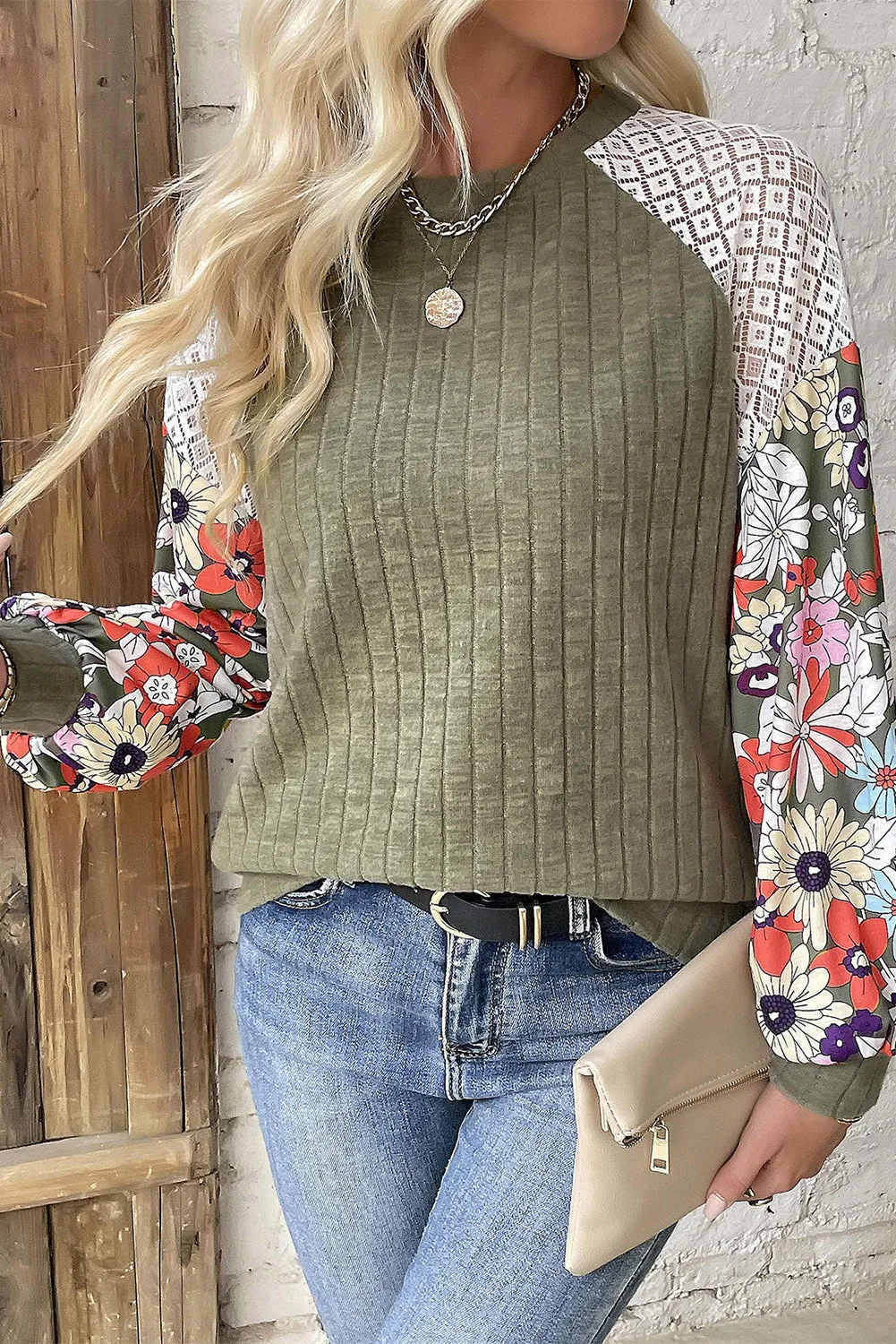KaleaBoutique Floral Patchwork Long Sleeve Ribbed Blouse