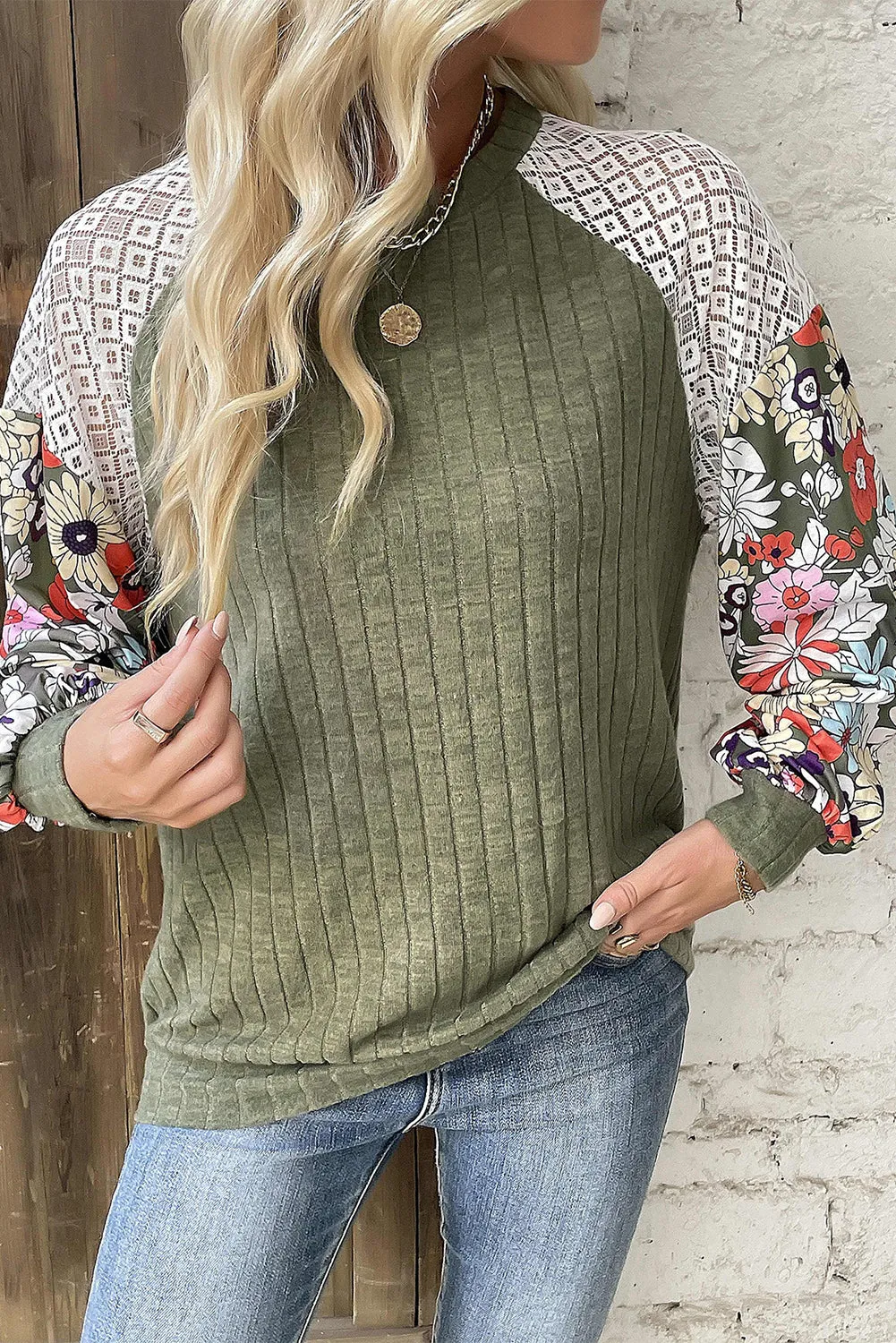KaleaBoutique Floral Patchwork Long Sleeve Ribbed Blouse