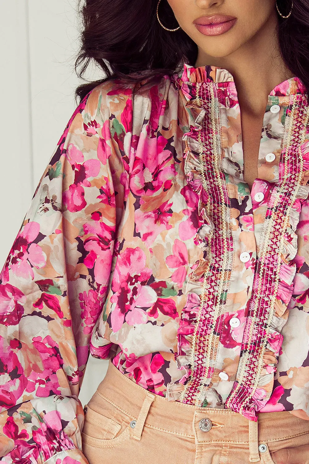 KaleaBoutique Floral Print Ruffled Stitch Buttoned Loose Fit Shirt