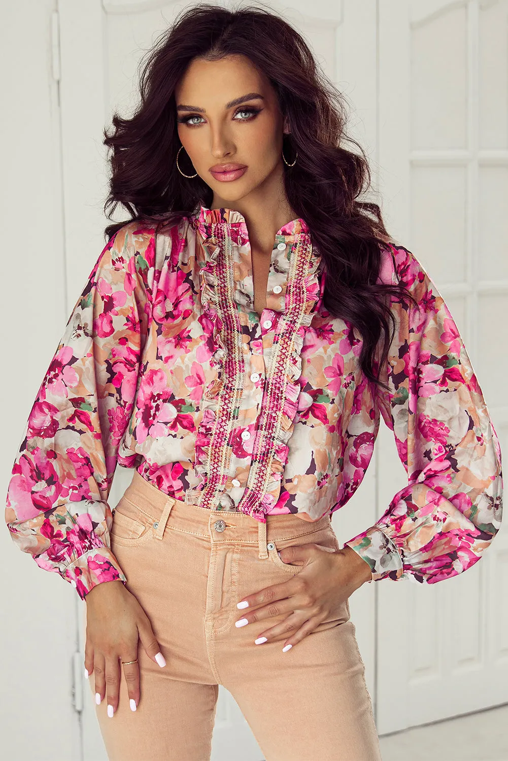 KaleaBoutique Floral Print Ruffled Stitch Buttoned Loose Fit Shirt