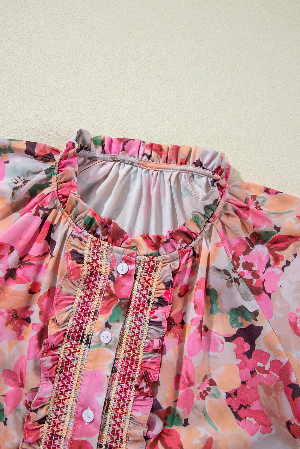 KaleaBoutique Floral Print Ruffled Stitch Buttoned Loose Fit Shirt