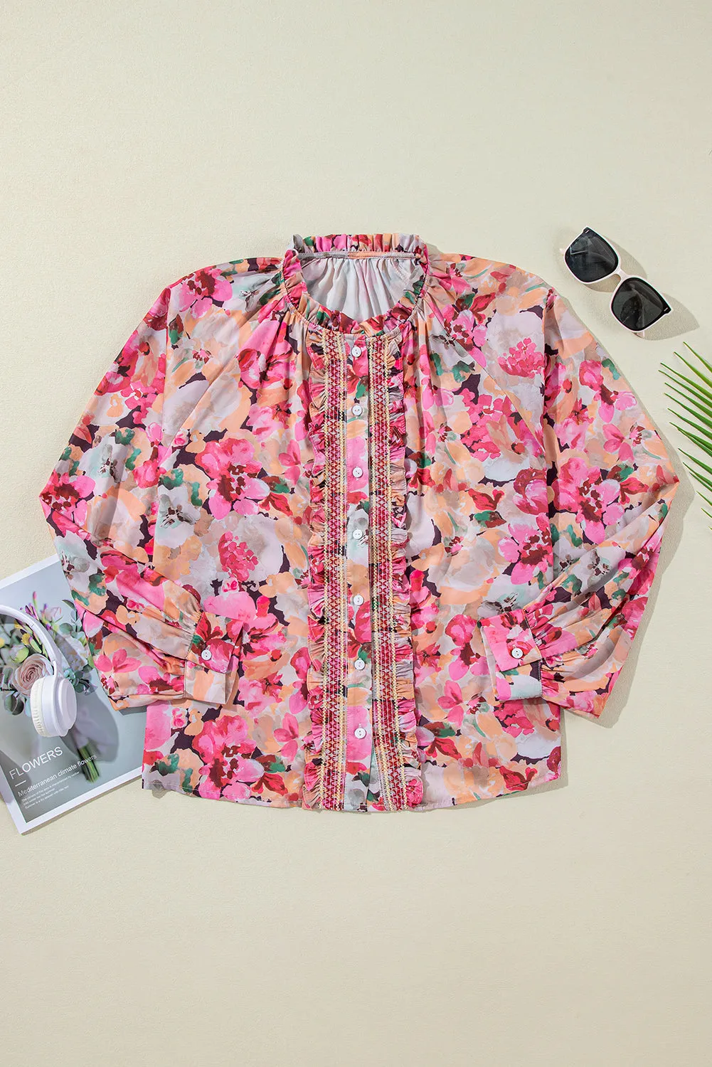 KaleaBoutique Floral Print Ruffled Stitch Buttoned Loose Fit Shirt