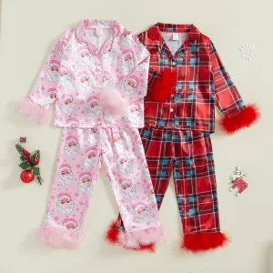 Kids Christmas Pajama Set, Feather Trim Long Sleeve Shirt & Pants (1-9Y)