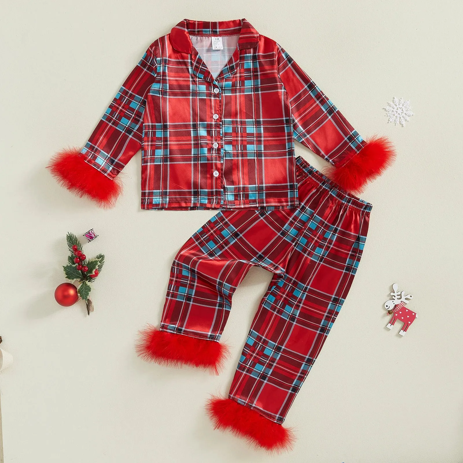 Kids Christmas Pajama Set, Feather Trim Long Sleeve Shirt & Pants (1-9Y)