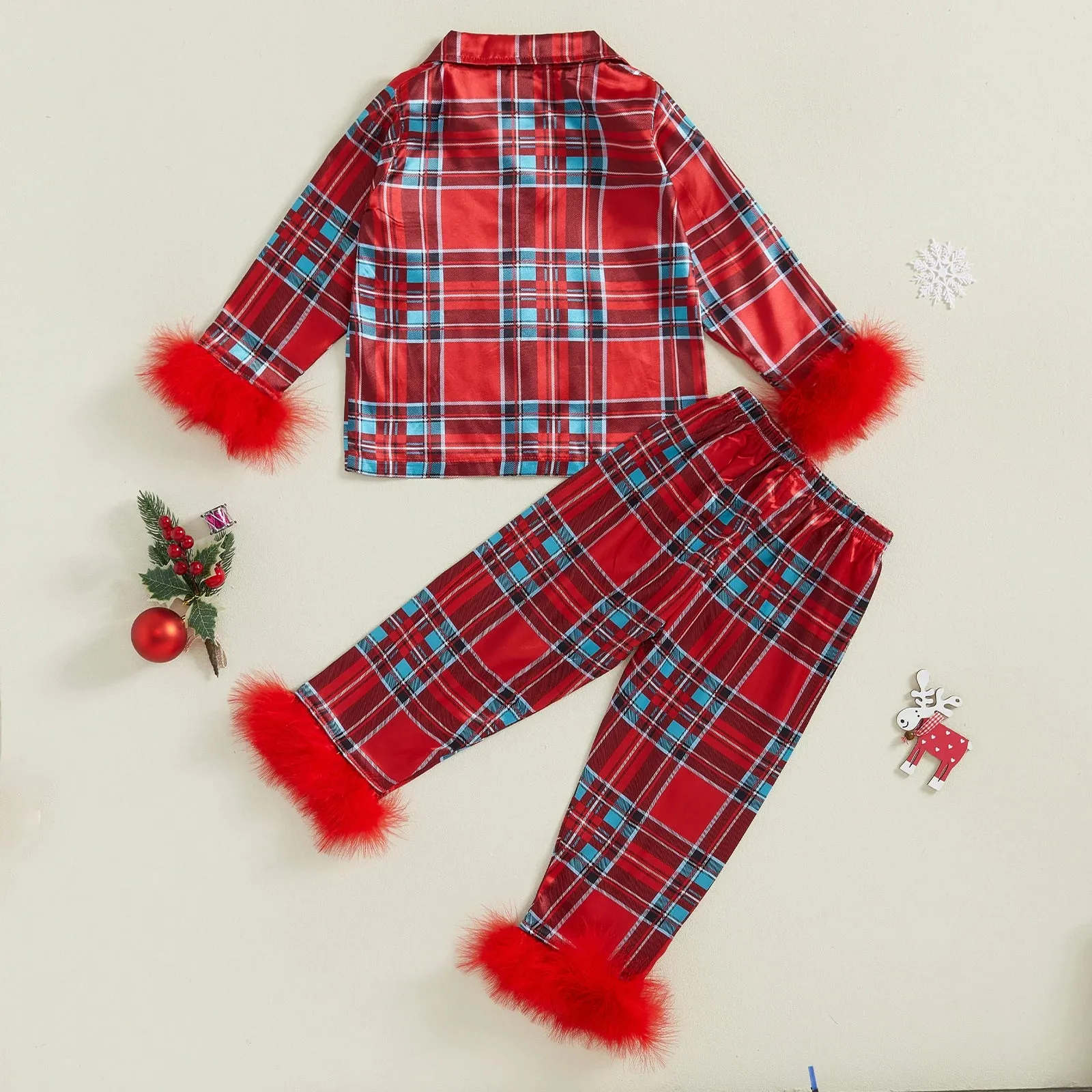 Kids Christmas Pajama Set, Feather Trim Long Sleeve Shirt & Pants (1-9Y)