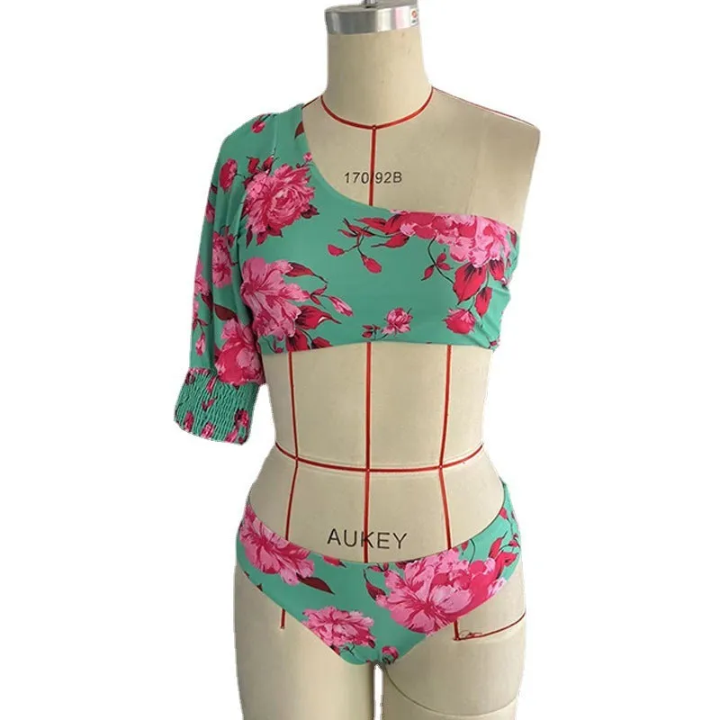 Ladies Swimsuit Printed Bikini One Shoulder Half Sleeve trendy