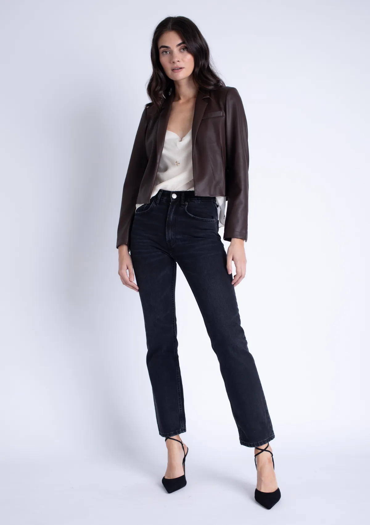 Layla Vegan Lather Crop Jacket - Brown