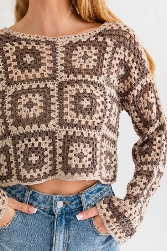 LE LIS Long Sleeve Crochet Top