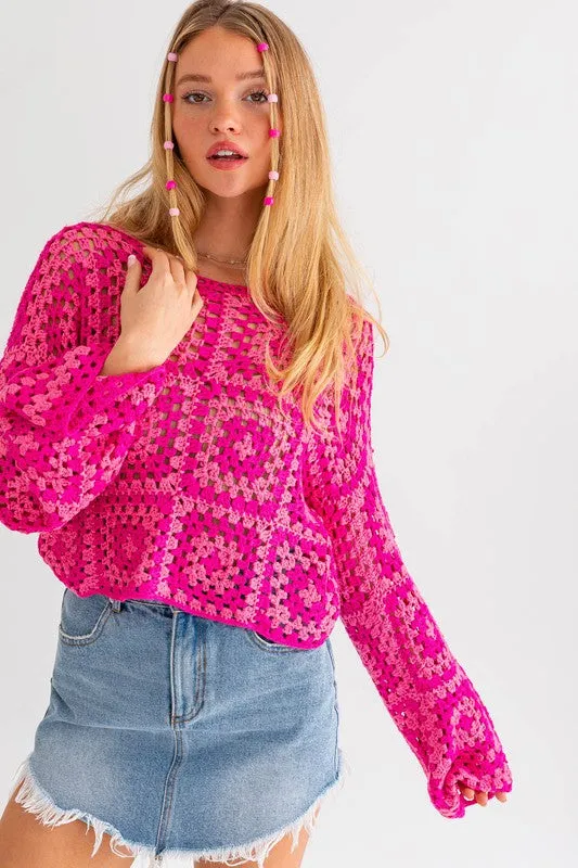 LE LIS Long Sleeve Crochet Top