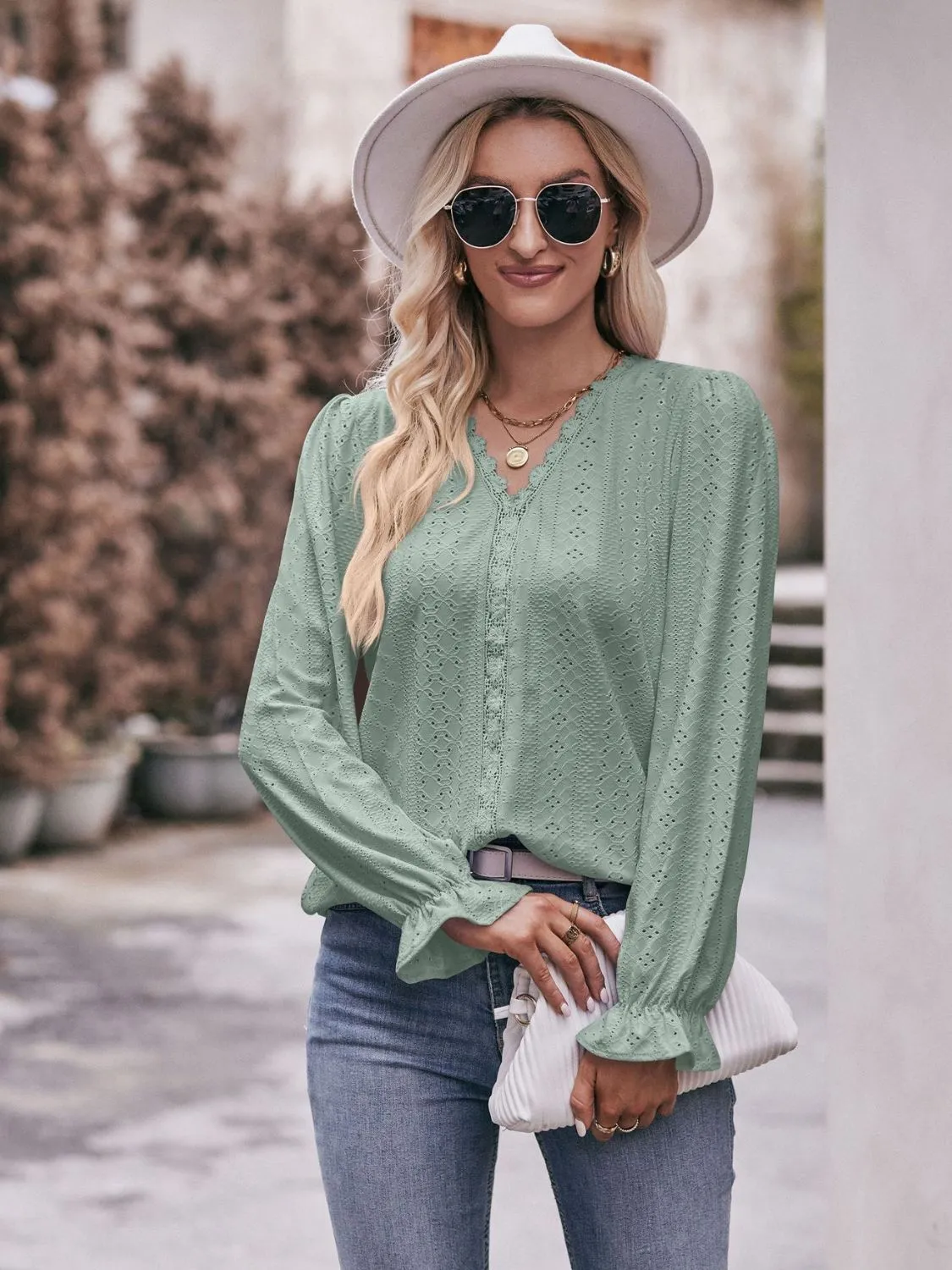 Leah Eyelet V-Neck Flounce Sleeve Blouse