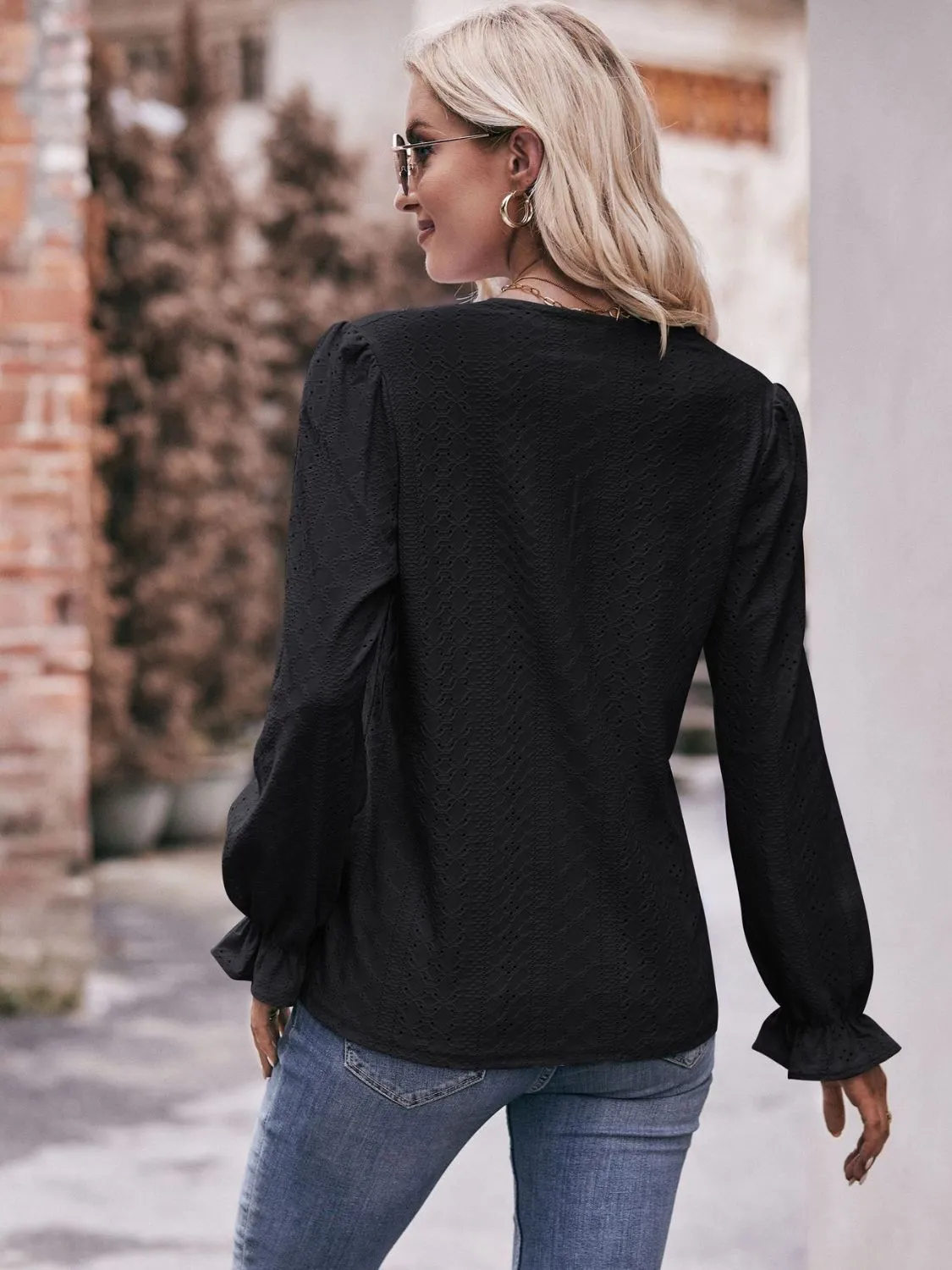 Leah Eyelet V-Neck Flounce Sleeve Blouse
