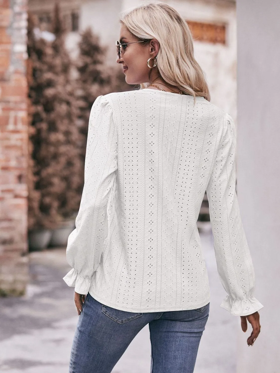 Leah Eyelet V-Neck Flounce Sleeve Blouse