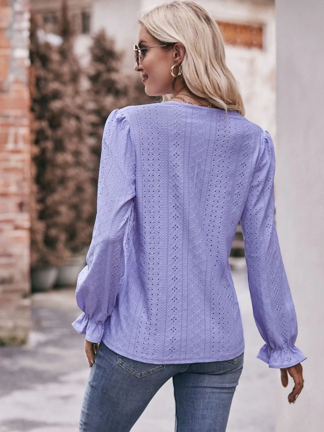 Leah Eyelet V-Neck Flounce Sleeve Blouse