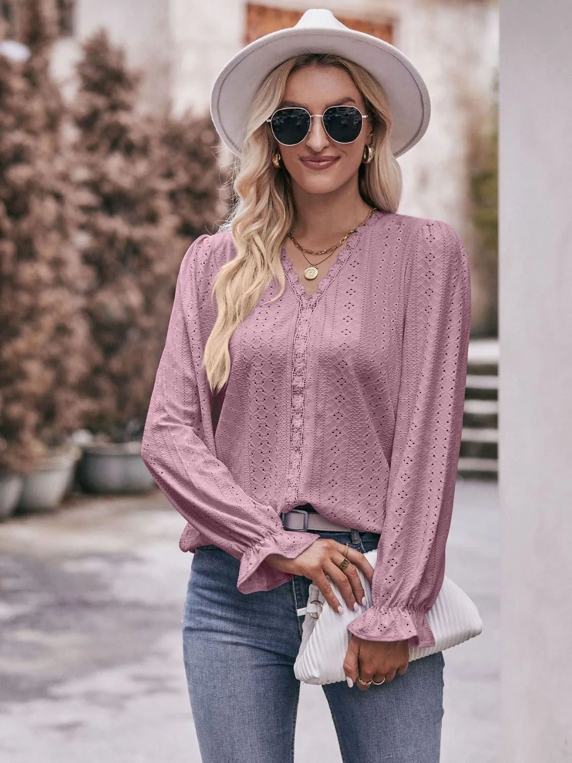 Leah Eyelet V-Neck Flounce Sleeve Blouse