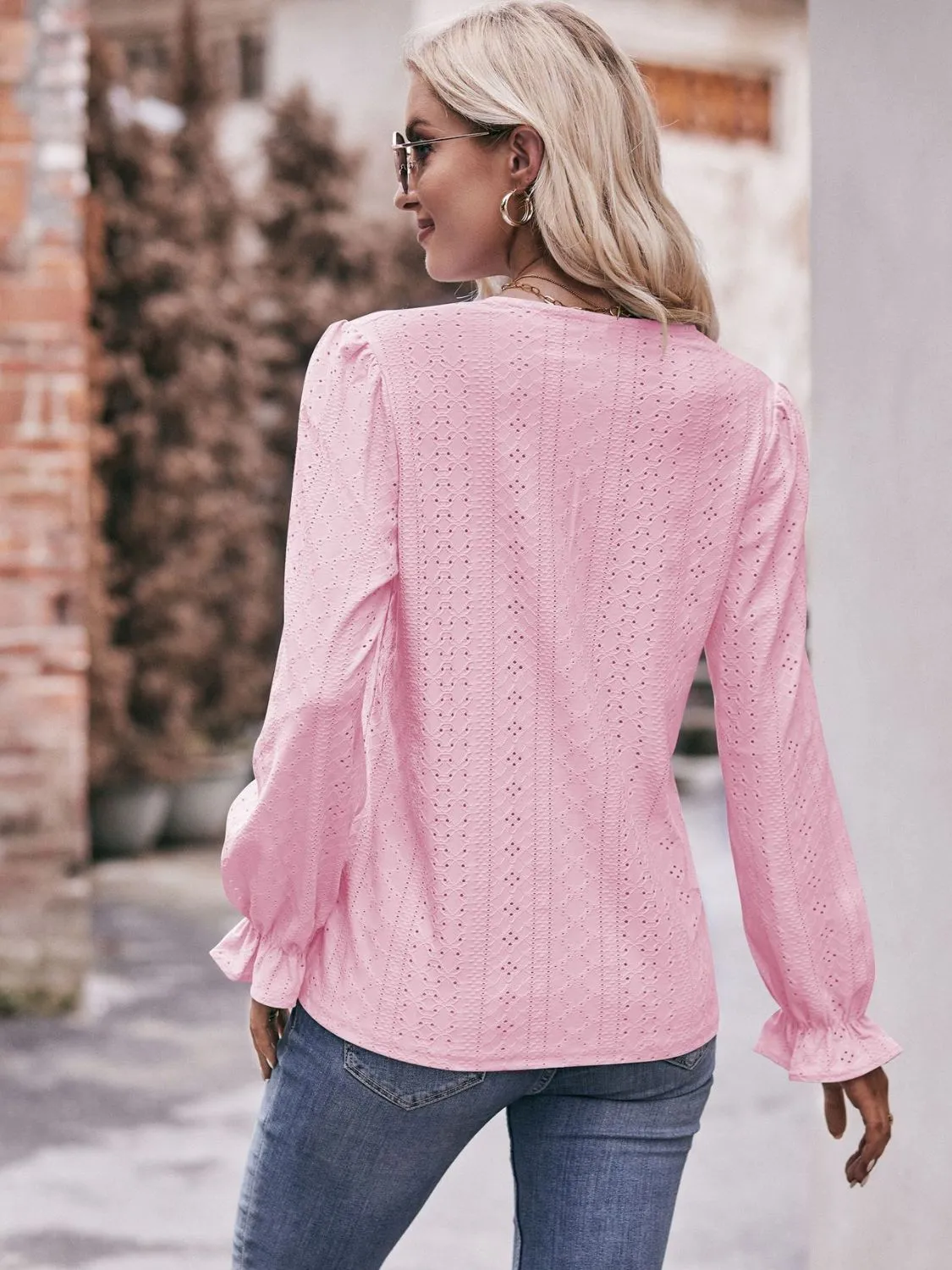 Leah Eyelet V-Neck Flounce Sleeve Blouse