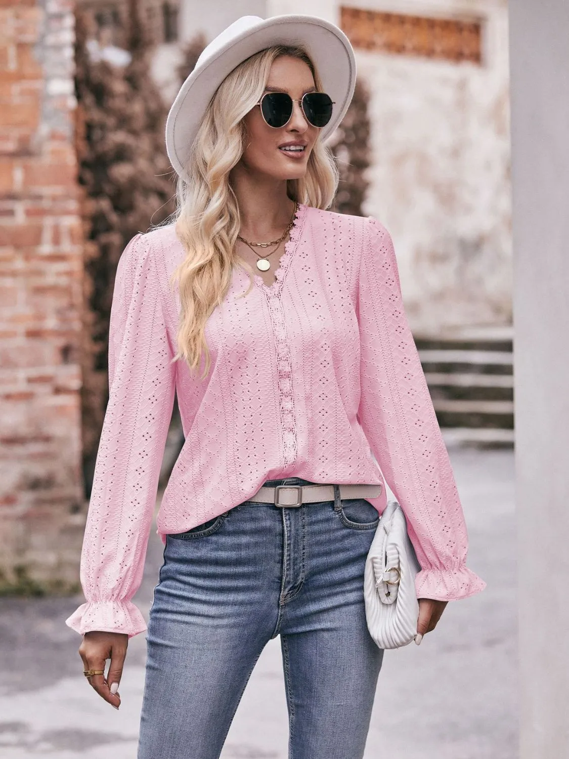 Leah Eyelet V-Neck Flounce Sleeve Blouse