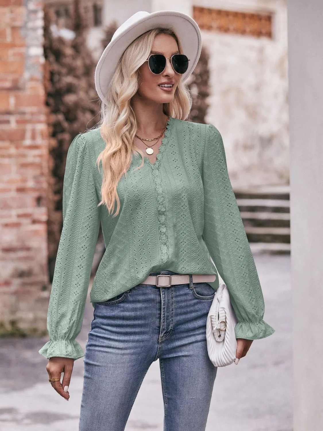 Leah Eyelet V-Neck Flounce Sleeve Blouse