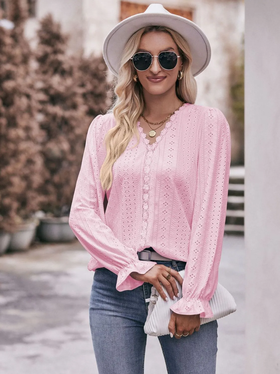 Leah Eyelet V-Neck Flounce Sleeve Blouse