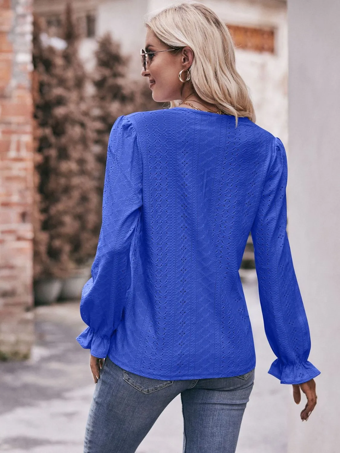 Leah Eyelet V-Neck Flounce Sleeve Blouse