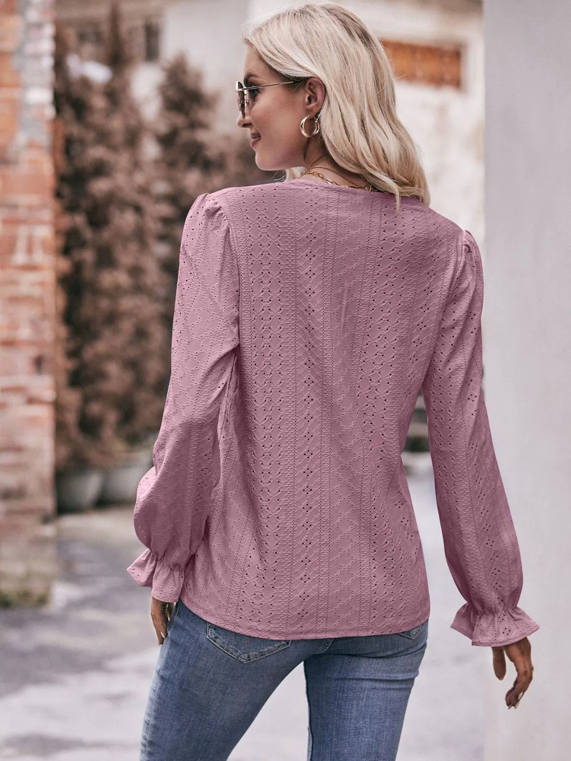Leah Eyelet V-Neck Flounce Sleeve Blouse