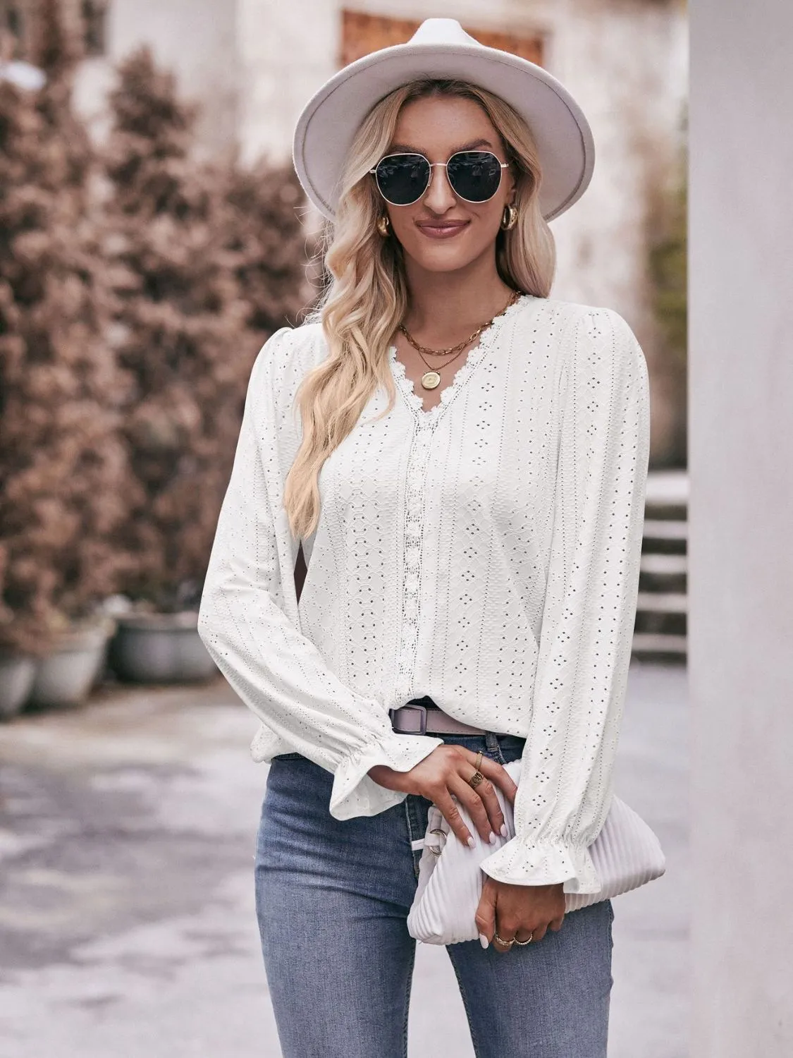 Leah Eyelet V-Neck Flounce Sleeve Blouse