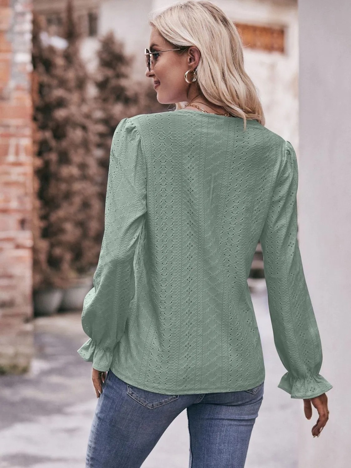 Leah Eyelet V-Neck Flounce Sleeve Blouse