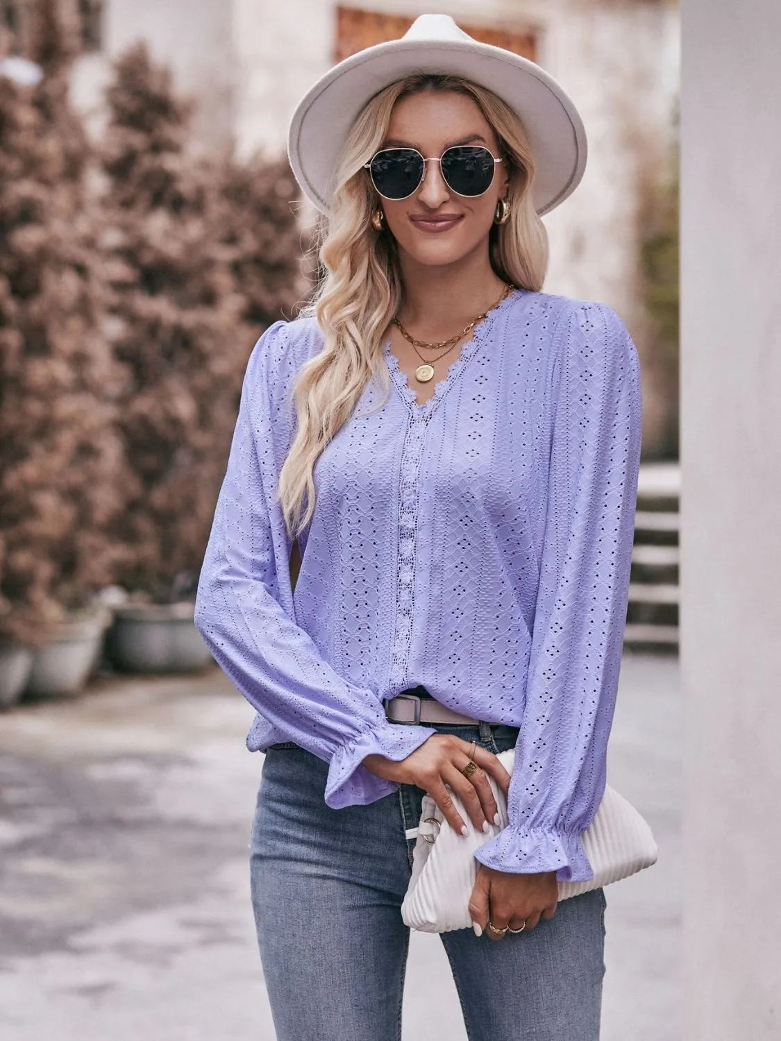 Leah Eyelet V-Neck Flounce Sleeve Blouse