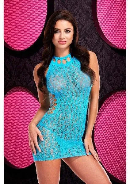 Leopard Lace High Neck Mini Dress Blue