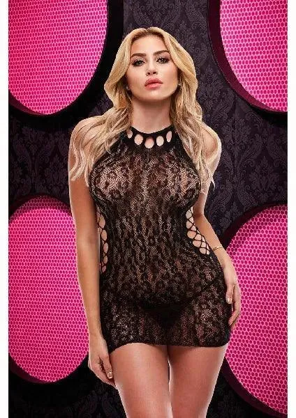 Leopard Lace High Neck Mini Dress Blue
