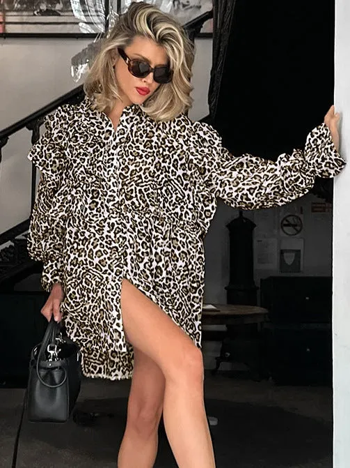 Leopard Print Ruffled Long Sleeve Shirt